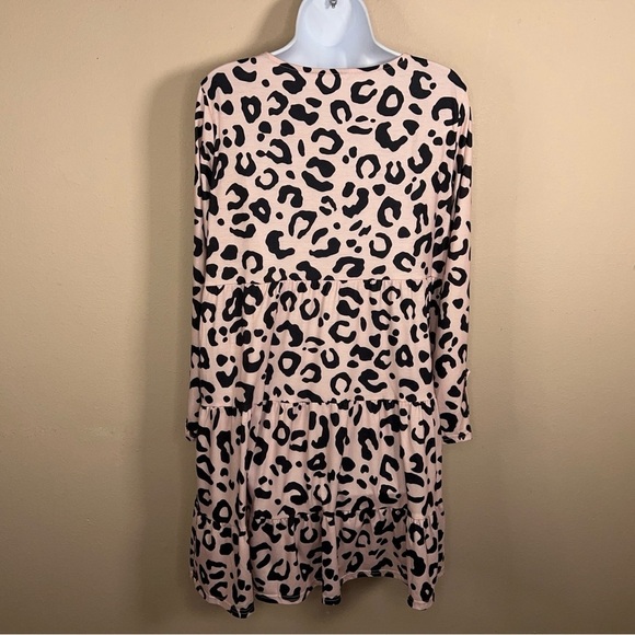 LARGE LEOPARD PRINT TUNIC DRESS TOP RUFFLE LONG SLEEVE STRETCH BLACK CREAM/PINK - Picture 7 of 12